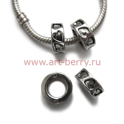Бусина-спейсер pandora, с сердечками 12х5мм, античное серебро, 1шт - art-berry.ru