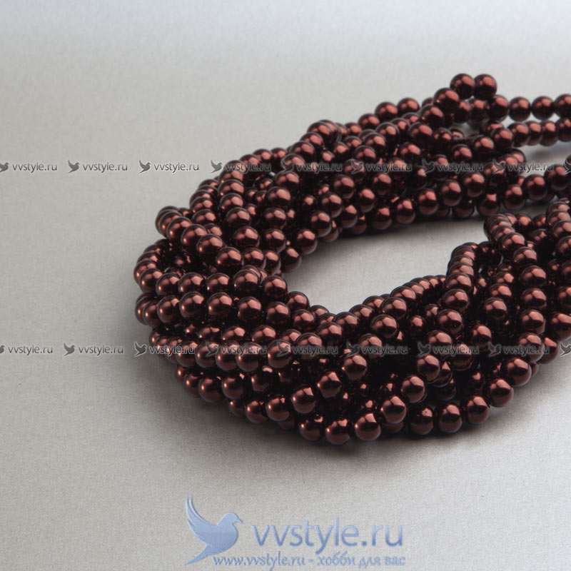 Жемчуг цвет Шоколадная Вишня размер 4мм., стекло, 1 нить 80 сантиметров (220 бусин) - vvstyle.ru