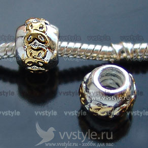 Бусина Pandora с резьбой №103, цвета серебра с золотом, 1шт. - vvstyle.ru